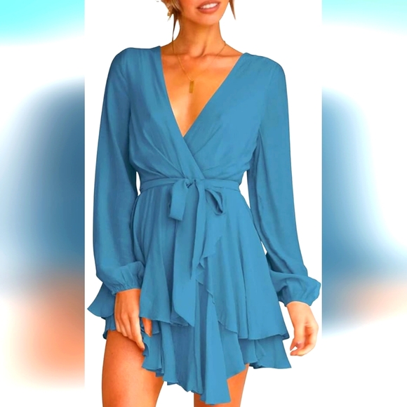 Dresses & Skirts - Deep v neck long sleeve waist tie ruffle mini swing dress summer dress